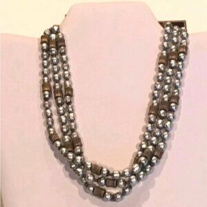 Vintage Miriam Haskell Grey Baroque Pearl Triple Strand Necklace.
